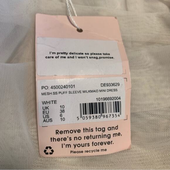MISGUIDED WHITE MESH PUFF SLEEVE MILKMAID BODYCON MINI DRESS SIZE 6 - Picture 9 of 9